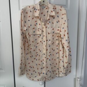 LL Bean Signature Tencel Lyocell Feather Print Button Down Shirt Cream Orange M